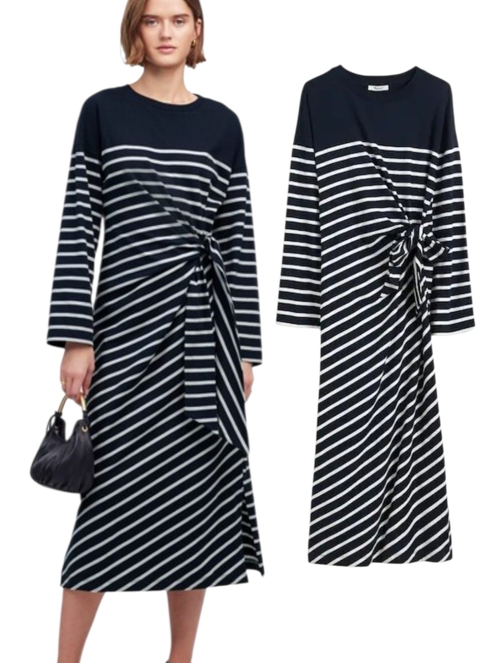 NWT Madewell Cotton Knit Side Tie Double Slit Blue White Stripe Maxi Dress Sz S
